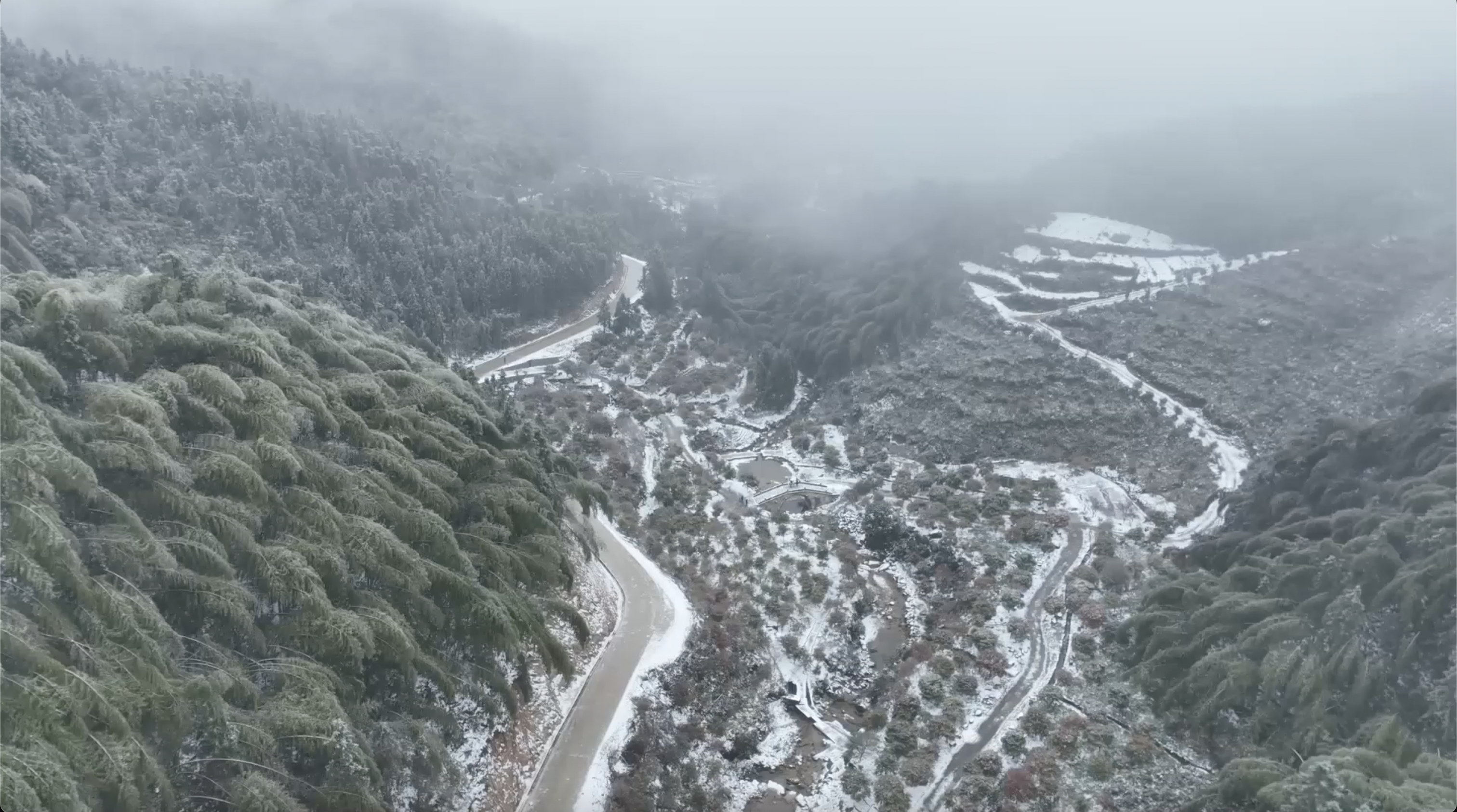 湖南蓝山：冬雪红枫美